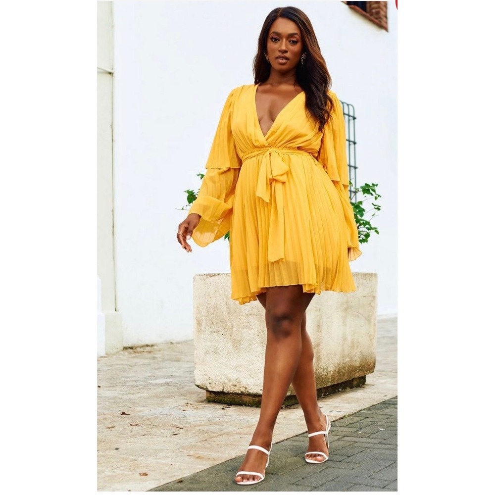 REBDOLLS Yellow Pleated V Neck Long Sleeve Belted Mini A-Line Dress Womens 1X